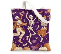 Borse di totalizzatore della tela del modello dello scheletro, borse riutilizzabili della drogheria di progettazione di Halloween di divertimento, tela lavabile leggera, Viola, 13x15 Inch