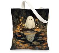 Borse di totalizzatore della tela del modello fantasma, borse riutilizzabili della drogheria di progettazione artistica del fantasma, borsa lavabile leggera della tela della tracolla, nero, 13x15 Inch