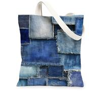 Borse di totalizzatore della tela del patchwork del denim, borse della spesa riutilizzabili alla moda, tracolla leggera lavabile per il viaggio, la spiaggia, fuori, Blu, 13x15 Inch