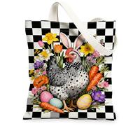 Borse di totalizzatore della tela del pollo di Pasqua, borse riutilizzabili di progettazione floreale del coniglio, tela leggera lavabile a scacchi dell'annata della primavera Fo, Nero, Bianco, 13x15