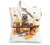 Borse di totalizzatore della tela del procione, borse della drogheria riutilizzabili del modello di pesca animale sveglio, tela lavabile leggera leggera divertente della tracolla, bianco, 13x15 Inch