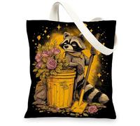 Borse di totalizzatore della tela del procione, borse della spesa riutilizzabili di progettazione floreale animale sveglio, Canv lavabile leggero ecologico fantasioso, nero, 13x15 Inch