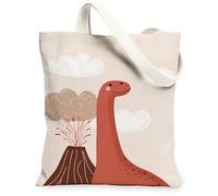 Borse di totalizzatore della tela del vulcano del dinosauro, borse della drogheria riutilizzabili della stampa del dinosauro di divertimento, tela lavabile leggera della tracolla per Sho, Beige, 13x15