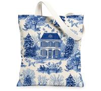 Borse di totalizzatore della tela della Camera blu d'annata, borse riutilizzabili della drogheria del modello floreale rustico, tracolla lavabile leggera, Blu, 13x15 Inch