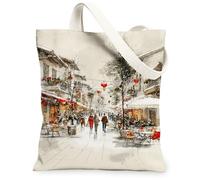 Borse di totalizzatore della tela della città di inverno, borse riutilizzabili della drogheria del modello artistico della via, tracolla lavabile leggera d'annata Ca, Beige, 13x15 Inch