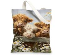 Borse di totalizzatore della tela della mucca, borse della spesa riutilizzabili del modello animale sveglio, tracolla lavabile leggera Canv della fattoria rustica, bianco, 13x15 Inch