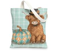 Borse di totalizzatore della tela della mucca dell'altopiano, borse della spesa riutilizzabili di progettazione animale della fattoria sveglia, Sh lavabile leggero di stile vintage, Menta, 13x15 Inch