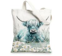 Borse di totalizzatore della tela della mucca dell'altopiano, borse della spesa riutilizzabili di progettazione floreale artistica della mucca, Shoul lavabile leggero d'annata, Blu, 13x15 Inch