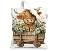 Borse di totalizzatore della tela della mucca dell'altopiano, borse riutilizzabili della drogheria del modello animale floreale, tracolla lavabile leggera rustica Canv, bianco, 13x15 Inch
