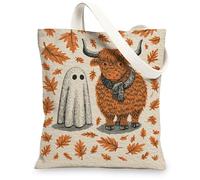 Borse di totalizzatore della tela della mucca dell'altopiano e del fantasma, borse riutilizzabili del modello della foglia d'autunno, tela lavabile leggera leggera della, Arancione, 13x15 Inch
