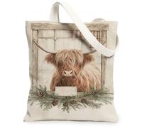 Borse di totalizzatore della tela della mucca delle Highland, borse riutilizzabili della stampa animale della fattoria, tela lavabile leggera della tracolla dell'annata invernale F, Beige, 13x15 Inch