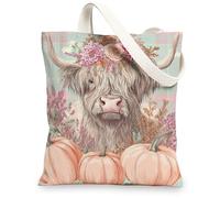 Borse di totalizzatore della tela della mucca delle Highlands, borse della spesa riutilizzabili di progettazione animale floreale, St della spalla lavabile leggera rustica, Multicolore, 13x15 Inch