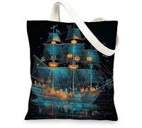 Borse di totalizzatore della tela della nave fantasma di Halloween, borse della spesa riutilizzabili leggere di progettazione marittima spettrale per lo shopping di viaggio della spiaggia, nero, 13x15