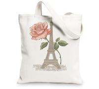 Borse di totalizzatore della tela della rosa della torre di Parigi, borse della drogheria riutilizzabili del modello floreale, cinghia a tracolla lavabile leggera chic, bianco, 13x15 Inch