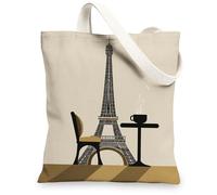 Borse di totalizzatore della tela della torre di Parigi, borse della spesa riutilizzabili di progettazione parigina artistica, Shoul lavabile leggero minimalista chic, Beige, 13x15 Inch