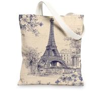 Borse di totalizzatore della tela della torre di Parigi, borse della spesa riutilizzabili di progettazione parigina d'annata, Ba lavabile leggera della, Beige, 13x15 Inch