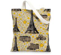 Borse di totalizzatore della tela della torre di Parigi, borse riutilizzabili della drogheria della stampa floreale, borse di tela della tracolla lavabili leggere d', Giallo, 13x15 Inch