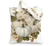 Borse di totalizzatore della tela della zucca, borse riutilizzabili della drogheria del modello floreale elegante, tracolla lavabile leggera C di stile vintage, bianco, 13x15 Inch