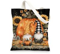 Borse di totalizzatore della tela della zucca dello gnomo, borse riutilizzabili della drogheria del modello sveglio dello gnomo, tracolla lavabile leggera a tema autunnale C, nero, 13x15 Inch