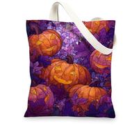 Borse di totalizzatore della tela della zucca di Halloween, borse della spesa riutilizzabili variopinte di progettazione di autunno, spalla ecologica lavabile, Viola, 13x15 Inch