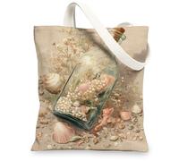 Borse di totalizzatore della tela dell'annata costiera, borse della spesa riutilizzabili del modello di Shell e della bottiglia, tracolla lavabile leggera Canv, Beige, 13x15 Inch
