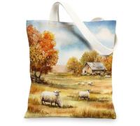 Borse di totalizzatore della tela dell'azienda agricola, borse riutilizzabili della drogheria del modello del paesaggio del paese, tela lavabile leggera rustica B, Multicolore, 13x15 Inch