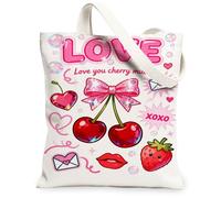 Borse di totalizzatore della tela delle ciliegie di amore, borse della drogheria riutilizzabili di progettazione della frutta sveglia, tracolla lavabile leggera alla moda della primavera, bianco