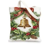 Borse di totalizzatore della tela delle vacanze, borse della spesa riutilizzabili del modello della campana festiva e della ghirlanda, leggere ecologiche di Natale, bianco, 13x15 Inch