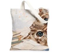 Borse di totalizzatore della tela dell'illustrazione del gatto, borse della drogheria riutilizzabili di progettazione animale sveglio, spalla lavabile leggera estetica dell'annata, Beige, 13x15 Inch