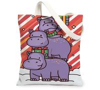Borse di totalizzatore della tela dell'ippopotamo di Natale, borse della drogheria riutilizzabili del modello animale adorabile della drogheria, tracolla lavabile leggera per Tr, Viola, 13x15 Inch
