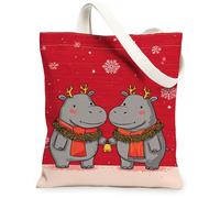 Borse di totalizzatore della tela dell'ippopotamo di Natale, borse della drogheria riutilizzabili del modello animale adorabile della drogheria, tracolla lavabile leggera per Tr, Rosso, 13x15 Inch