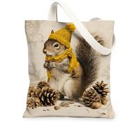 Borse di totalizzatore della tela dello scoiattolo di autunno, borse della spesa riutilizzabili di progettazione animale rustica, tracolla lavabile leggera di caduta può, Beige, 13x15 Inch