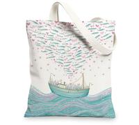 Borse di totalizzatore della tela dell'oceano, borse della spesa riutilizzabili del modello del pesce, borse della spesa lavabili leggere nautiche della tracolla per il viaggio essere, Blu, 13x15 Inch