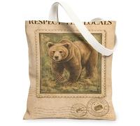 Borse di totalizzatore della tela dell'orso dell'annata, borse riutilizzabili della drogheria del modello rustico della fauna selvatica, St lavabile leggera ecologica della, Beige, 13x15 Inch