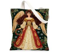 Borse di totalizzatore della tela di angelo di Natale, borse riutilizzabili della drogheria di progettazione floreale dell'annata, tracolla lavabile leggera elegante, Verde, 13x15 Inch