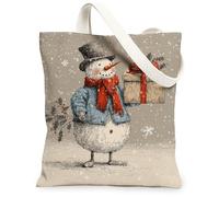 Borse di totalizzatore della tela di canapa di pupazzo di neve, borse della spesa riutilizzabili di progettazione del carattere di inverno sveglio delle vacanze fest, Beige, 13x15 Inch