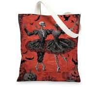 Borse di totalizzatore della tela di danza dello scheletro, borse della spesa riutilizzabili di arte gotica di Halloween, Ca lavabile leggera di progettazione spettr, Rosso, 13x15 Inch