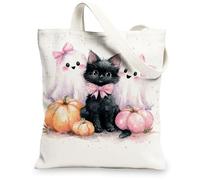 Borse di totalizzatore della tela di Halloween, borse della drogheria riutilizzabili della stampa del gatto sveglio e dei fantasmi, borsa leggera della tela della tracolla lavabile, nero, 13x15 Inch