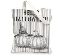 Borse di totalizzatore della tela di Halloween, borse riutilizzabili del modello del cappello della strega della zucca, tracolla lavabile leggera monocromatica dell'annata, Nero, Bianco, 13x15 Inch