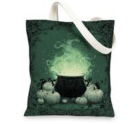 Borse di totalizzatore della tela di Halloween, calderone e zucca Design Eco-Friendly borse riutilizzabili, tela lavabile leggera d'annata per, Verde, 13x15 Inch