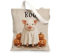 Borse di totalizzatore della tela di maiale, borse della spesa riutilizzabili del modello animale di Halloween sveglio sveglio della spesa della tela della cinghia della spalla, Beige, 13x15 Inch