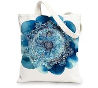 Borse di totalizzatore della tela di mandala, borse della spesa riutilizzabili del modello floreale artistico dell'acquerello del modello, spalla lavabile, Blu, 13x15 Inch