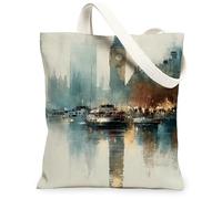 Borse di totalizzatore della tela di paesaggio urbano, borse della drogheria riutilizzabili di progettazione urbana, tela lavabile leggera d'annata della tracolla, Multicolore, 13x15 Inch