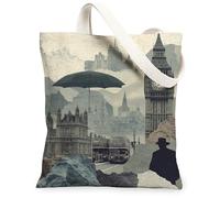 Borse di totalizzatore della tela di paesaggio urbano d'annata, borse riutilizzabili della drogheria di progettazione urbana artistica del paesaggio, St lavabile leggero, Grigio, 13x15 Inch