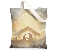 Borse di totalizzatore della tela di scena del presepe d'annata, borse della drogheria riutilizzabili di progettazione artistica, spalla lavabile leggera di vacanza di inverno, Beige, 13x15 Inch