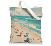 Borse di totalizzatore della tela di scena della spiaggia, borse della spesa riutilizzabili del modello di arte costiera dell'annata, tela ecologica lavabile leggera, Beige, 13x15 Inch