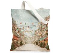 Borse di totalizzatore della tela di scena della strada invernale, borse riutilizzabili del modello delle luci di vacanza, la tracolla lavabile leggera d'annata, Azzurro chiaro, 13x15 Inch