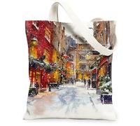 Borse di totalizzatore della tela di scena della strada invernale, borse riutilizzabili della drogheria del modello artistico del paesaggio innevato, lavabili leggeri d'annata, bianco, 13x15 Inch