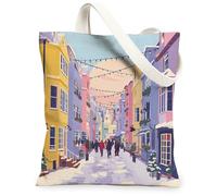 Borse di totalizzatore della tela di scena della strada invernale, borse riutilizzabili variopinte della drogheria del paesaggio urbano, tela lavabile leggera della tracolla, Multicolore, 13x15 Inch