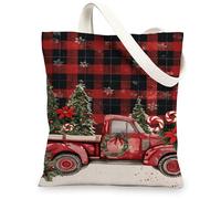 Borse di totalizzatore della tela di vacanza, borse della spesa riutilizzabili di progettazione classica del camion di Natale, lavabile leggero festivo rustico, Rosso, 13x15 Inch